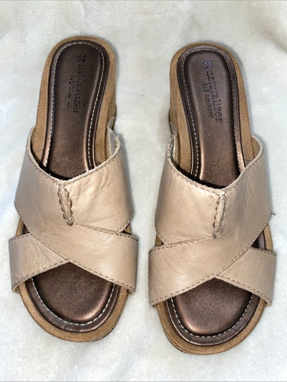 Naturalizer Tan Leather Sandal N5Comfort Slide Wedge Pengo Lined Sz 6.5M #yeb